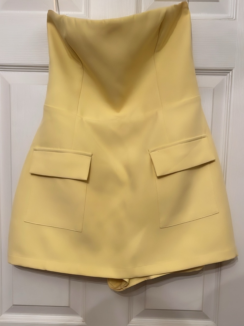 Strapless Yellow Mini Dress with Front Flap Pockets